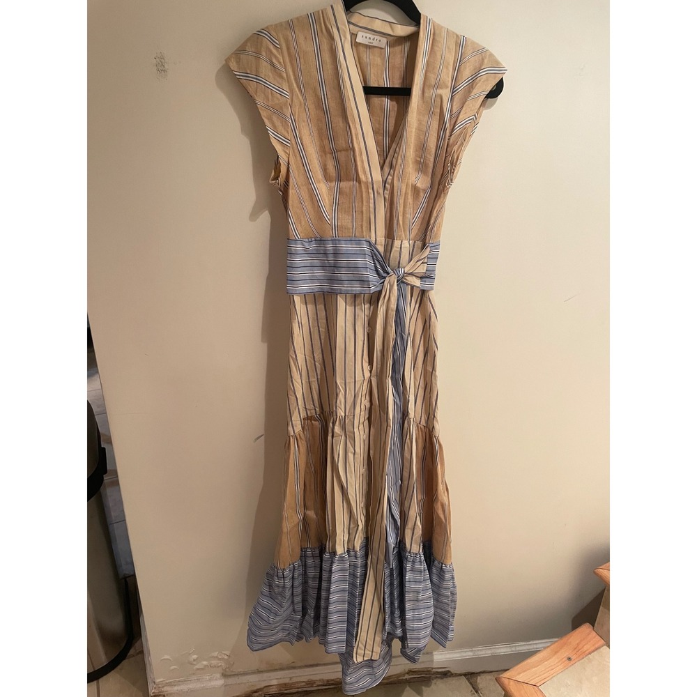Sandro Paris Striped Tiered Midi Dress Tan Blue V-Neck TieWaist SFPRO01114 34 XS - Picture 2 of 6